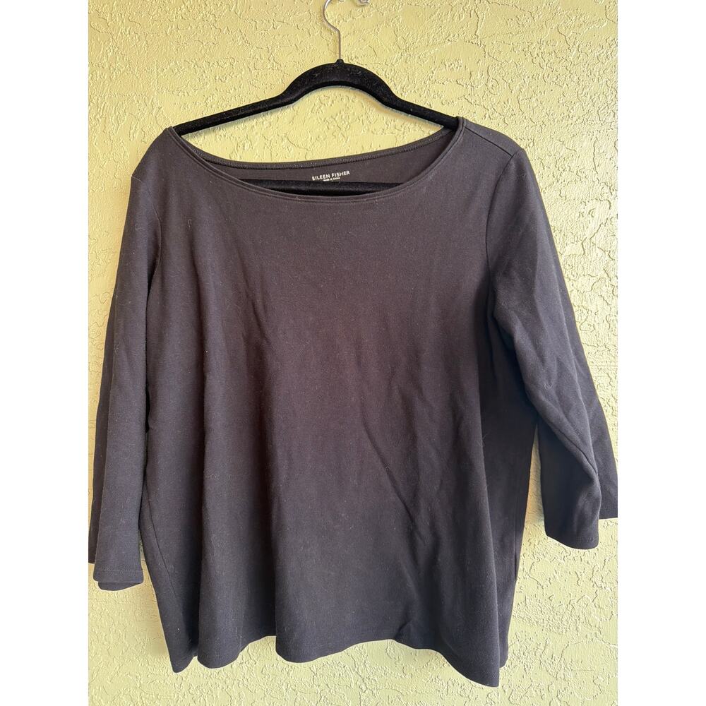 EILEEN FISHER Cotton 3/4 Sleeve Boxy Top Size XL Black Jersey Knit Boatneck